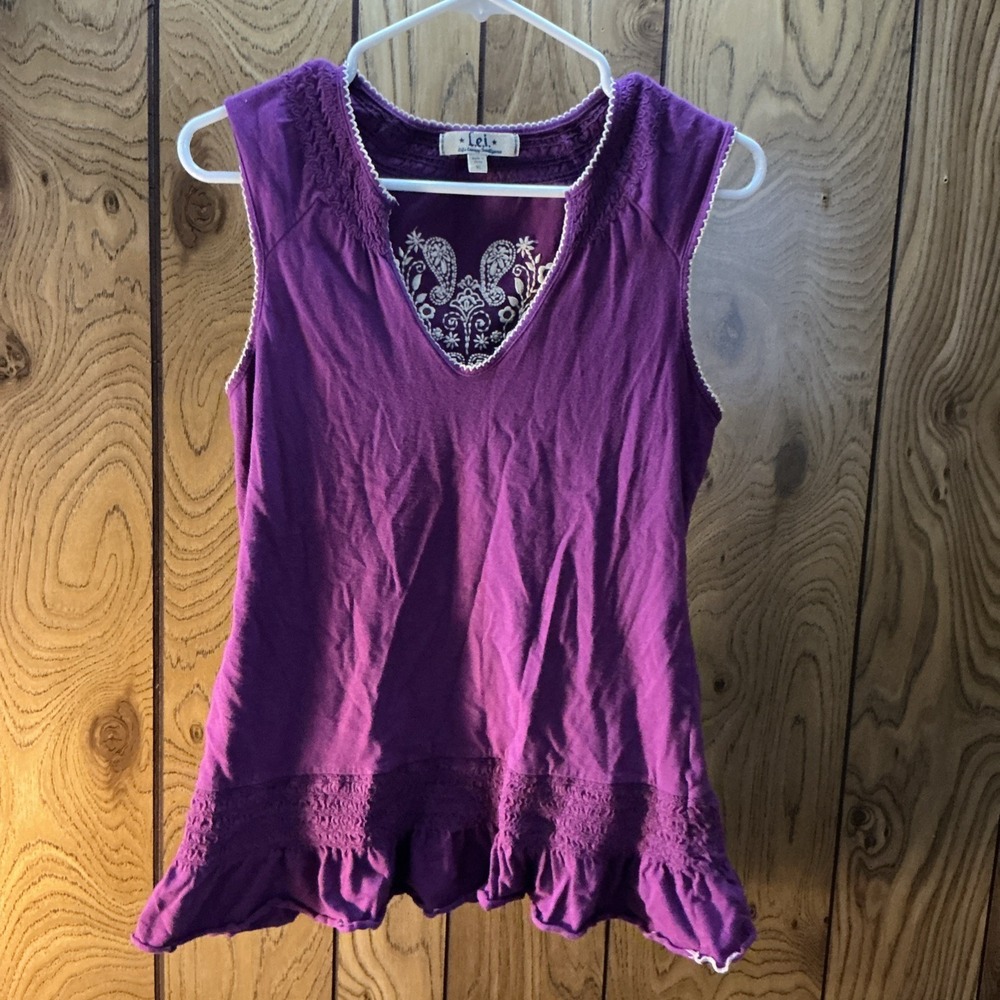 Vtg Y2K LEI Purple Sleeveless Peplum Top Size XL Ruffle Embroidered Fairy indie
